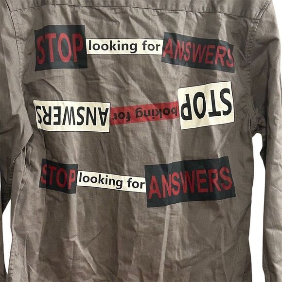 Zara Man Men's M Gray Long Sleeve Button-Up Shirt Stop Looking For Answers - Picture 3 of 16